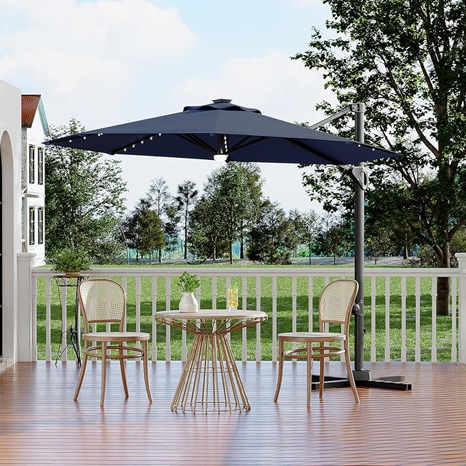 Garvee 10 ft Cantilever Patio Umbrella with Solar Lights, 360° Rotation Offset Umbrella, Easy Crank & Tilt Adjustment, UV Protection for Backyard, Poolside, Deck -Navy Blue Garvee