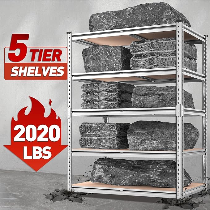 REIBII 2020LBS Garage Shelving Heavy Duty Metal Shelving 5 Tier Storage Shelves, Garage Shelves for Basement, Warehouse, Pantry, Closet, Kitchen, 72" H x 35.55" W x 16" D, Galvanized, 2 Pack REIBII