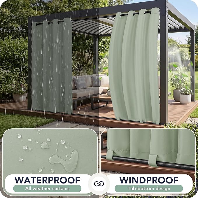Outdoor Curtains for Patio Waterproof 6 Panels - Windproof, Privacy, Weatherproof Outside Drapes for Gazebo Pergola Porch, Grommet Top and Tab Bottom, 54x84 Inch, Sage Green RichSets