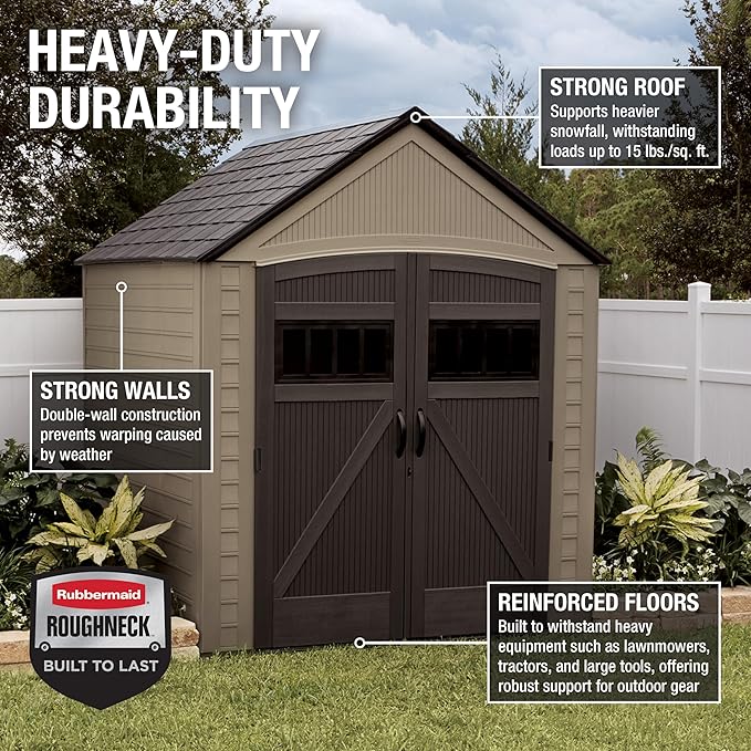 Rubbermaid Resin Outdoor Storage Shed with Floor (7 x 7 Ft) Weather Resistant, Brown Gable, Organization for Home/Backyard/Garden Tools/Lawn Mower/Bike Storage/Pool Supplies Rubbermaid