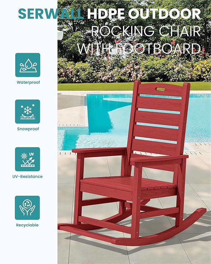 SERWALL Outdoor Rocking Chair Set of 4, Oversized HDPE Patio Rocking Chair with Footrest for Adults, All Weather Porch Rocker for Deck Patio Balcony, Red SERWALL