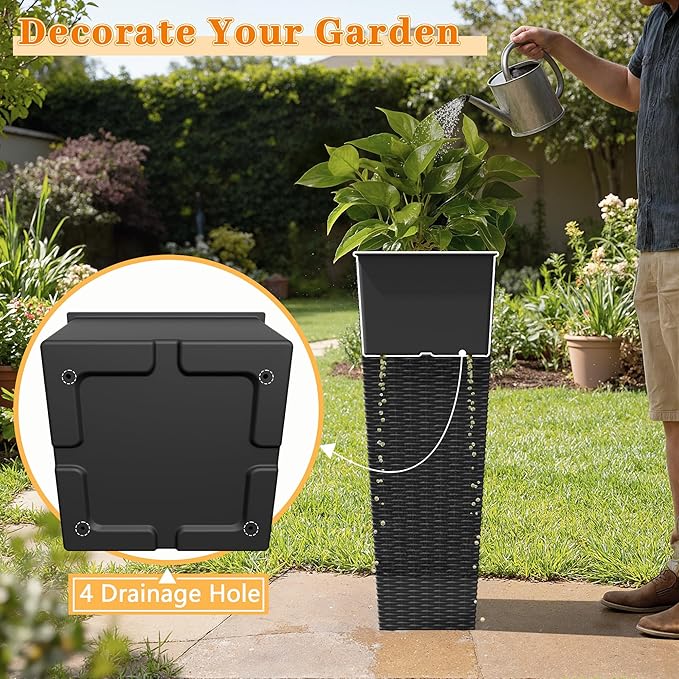 Greesum 32 Inch Tall Plastic Planters with Rattan Texture – Set of 2, Detachable Inner Pot & Drainage Holes, Indoor/Outdoor Decorative Flower Pots for Large Plants, Trees, Patio, and Garden, Black BuynowfromGreesum