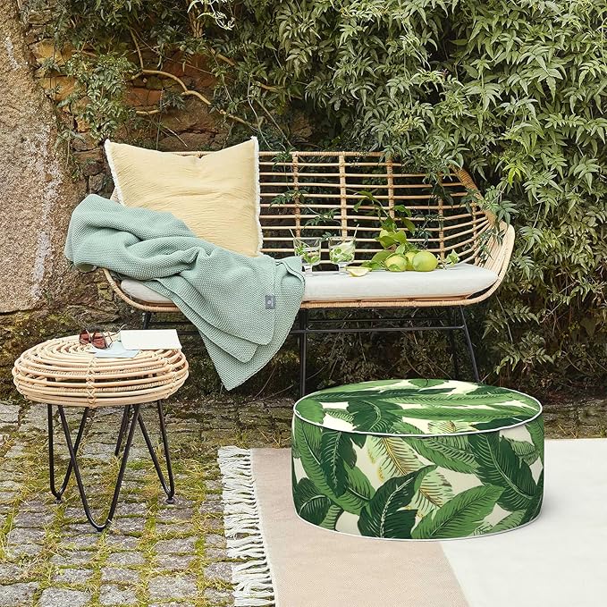 LVTXIII Outdoor/Indoor Round Inflatable Ottoman, All Weather Patio Footstool, Portable Footrest Seat for Patio Garden, Camping or Home, 21"x21"x9", Swaying Palms Green LVTXIII