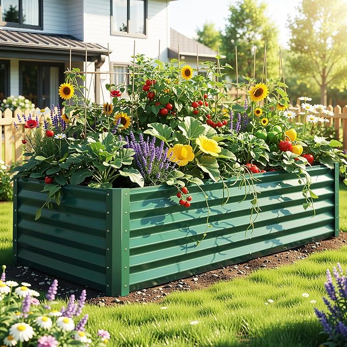 YITAHOME 6x3x1.5 ft Galvanized Raised Garden Bed Kit, Large Metal Planter Box with Gloves & Support Rod, Outdoor Flower Bed for Plants Vegetables, Green YITAHOME