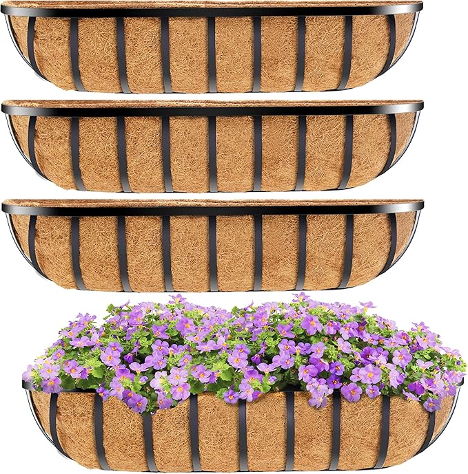 HFHOME 4 Pcs 24" Window Box Deck Railing Planter with Horse Trough Coco Liners, Black Metal Hanging Flower Planters Baskets for Indoor, Outdoor, Balcony, Porch, Fence, Patio, and Lawn HFHOME
