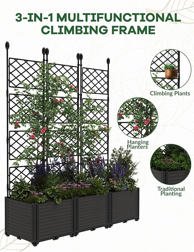 3 PCS Raised Garden Bed with Trellis,63" h Vertical Planter Box with Drainage Holes for Climbing Plants, Patio Privacy Screen & Balcony Garden MegaChoice