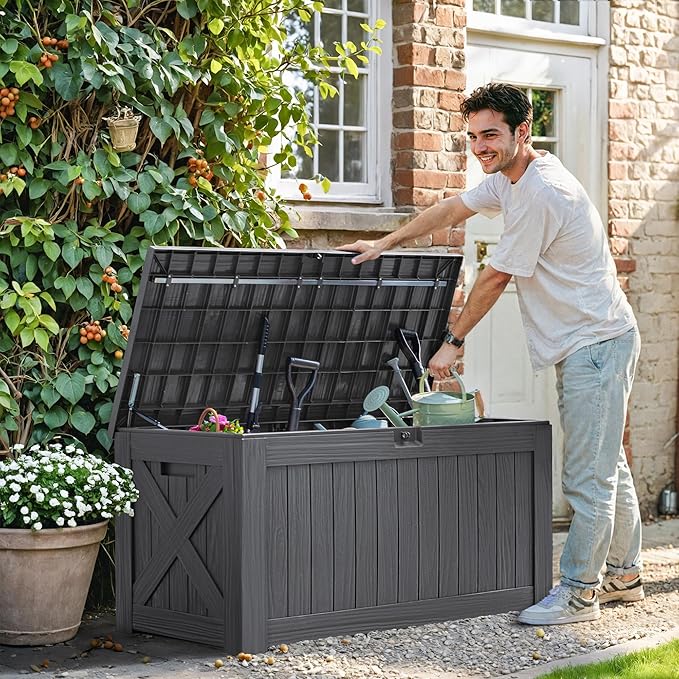 Greesum 120 Gallon Deck Box, Resin Outdoor Storage Container for Patio Furniture, Garden Tools, Pool Accessories, Weatherproof, Lockable, Gray BuynowfromGreesum