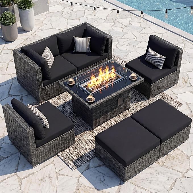 NICESOUL 7 Piece Outdoor Patio Sectional Furniture Set with Firepit Natural Gas/Propane, 29.3'' High-Back Comfy Conversations for Outside, Oversized Wide Wicker Couches, 2 Color Cushion Black & Gray NICESOUL