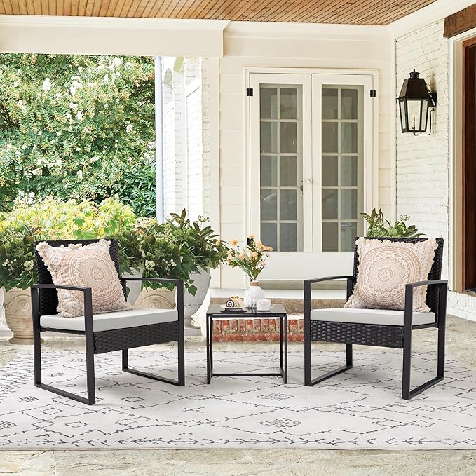 Flamaker 3 Pieces Patio Furniture Outdoor Wicker Modern Rattan Chair Conversation Sets with Coffee Table for Yard, Bistro(White) Flamaker