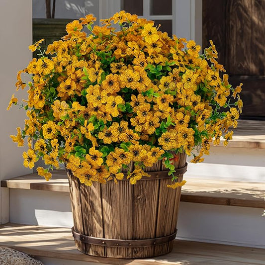 Artificial Fall Flowers for Outdoors Fake Mums - 16 Bundles Faux Plants Outside Greenery Boxwood No Fade Plastic Shrubs Decor Farmhouse Home Garden Thanksgiving (Yellow) AXYLEX
