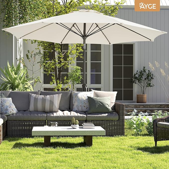 Ayge 9FT Large Outdoor Patio Umbrella Market Table Umbrella-UV Resistant, Easy Push Button Tilt and Crank, 8 Sturdy Fiberglass Ribs Heavy-Duty Pool Umbrella for Deck, Backyard,Garden,White AYGE