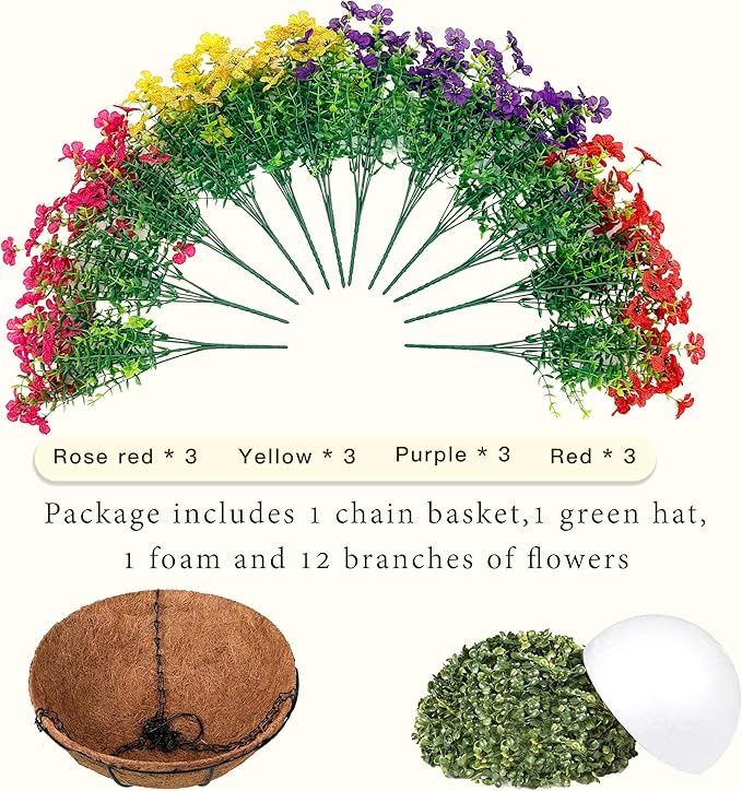 Senjie 12 Bundles Artificial Hanging Flowers with Basket for Outdoor Decor, UV Resistant Faux Flowers Fake Hanging Planter for Porch Patio Balcony Senjie