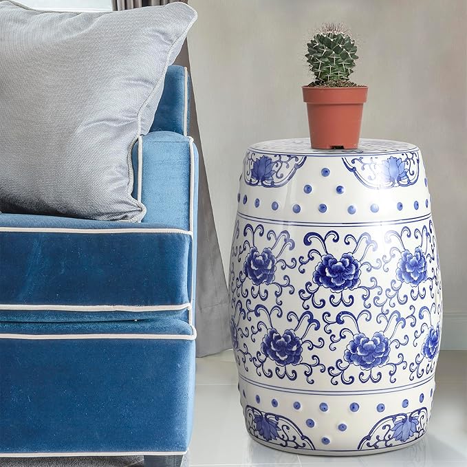 JONATHAN Y TBL1000A Lotus Flower 17.8" Chinoiserie Ceramic Drum Indoor/Outdoor Garden Stool Bohemian, Coastal, Classic, Cottage, French Country, Traditional, Bathroom, Garden Room, Patio, Blue/White JONATHANY