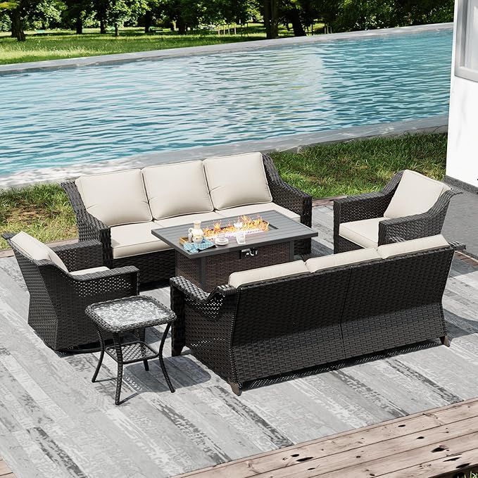 Joyside Wicker Patio Furniture Sets, 6 Pieces Upgraded Large Size Outdoor Furniture with Swivel Rocking Patio Chairs, Two 3-Seat Sofa, Fire Table, Coffee Table, Thick Cushions, Wide Armrest, Beige Joyside