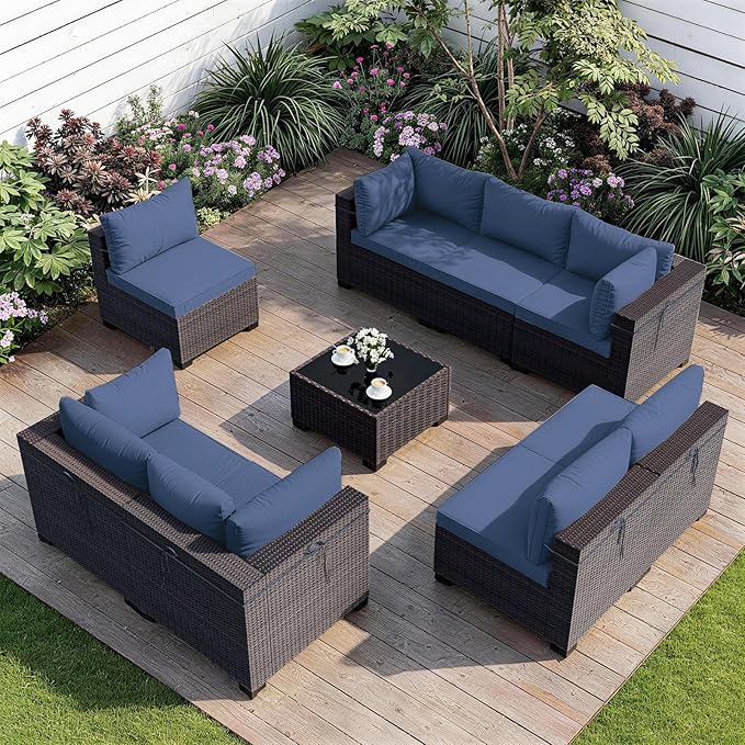 ALAULM Patio Furniture Set with Coffee Table, 9 Pieces Outdoor Sectional with Wide Seat and Thick Cushion, All Weather Wicker Rattan Conversation Set for Backyard, Garden, Deck, NavyBlue ALAULM