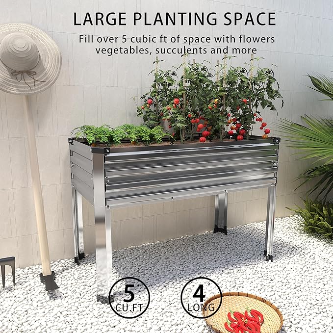 Galvanized Raised Garden Bed with Legs,48×18×30in Elevated Planter Box for Backyard,Outdoor Garden, Patio, Balcony, 300lb Capacity,Silver DIIYIV