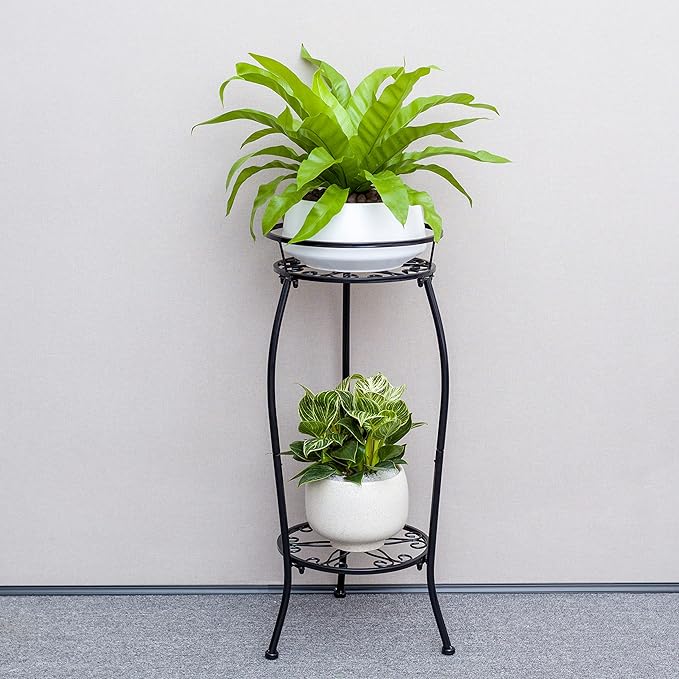 FaithLand Plant Stand, Metal Planter Holder Indoor Outdoor, 2 Tier Round Potted Supports Rack, Corner Display Shelf Black, Tall FaithLand