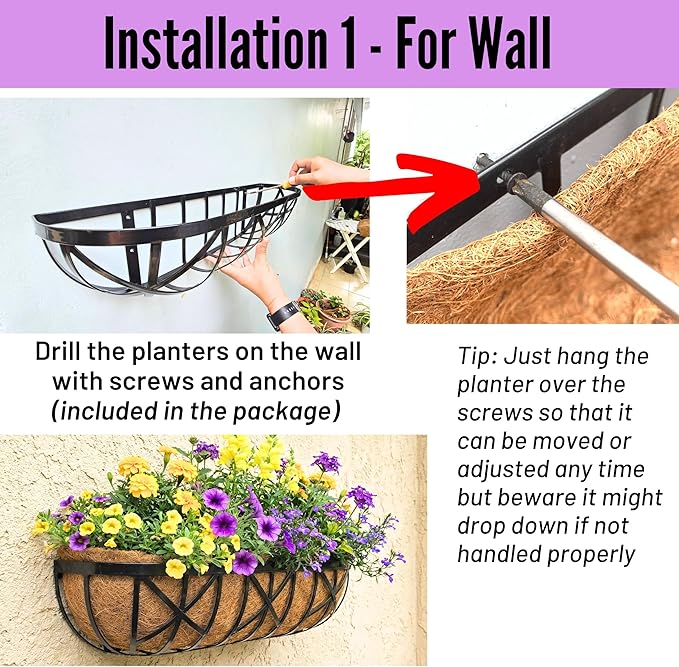 LaLaGreen 30 Inch, 2 Pack Window Boxes Planters – Black Metal Window Boxes for Outdoor Plant, Wall Mount Flower Pot with Coco Coir Liner, Attach to House Fence Balcony Herb for Patio Porch Garden L%C3%A1L%C3%A1Green
