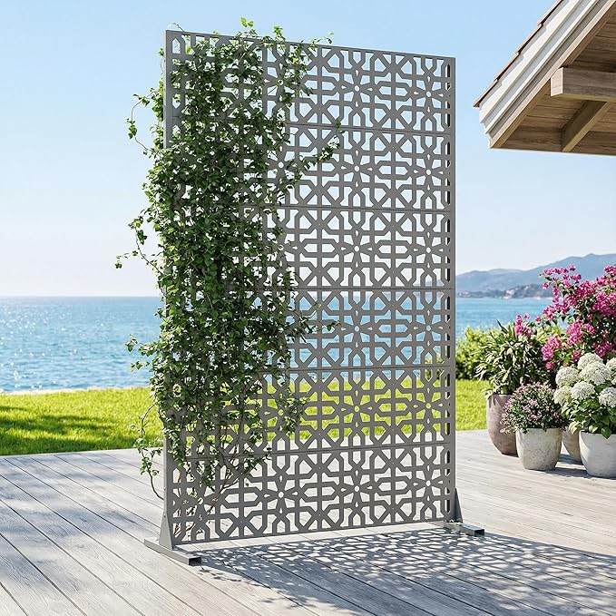 Casaphoria Metal Privacy Screen Outdoor, 72" H x 47" W Freestanding Decorative Privacy Screen for Patio Deck Balcony Garden with Stable Base, Grey-Perilla Casaphoria