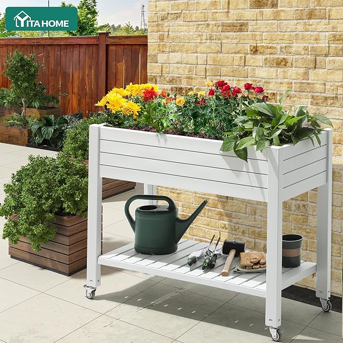 YITAHOME 43.3x17.7x34 in Elevated Garden Bed, Outdoor Plastic Planter Box with Wheels, Legs, Drain Plug, and Storage Shelf for Plants, Vegetables, Flowers, Herbs, Grayish-White YITAHOME