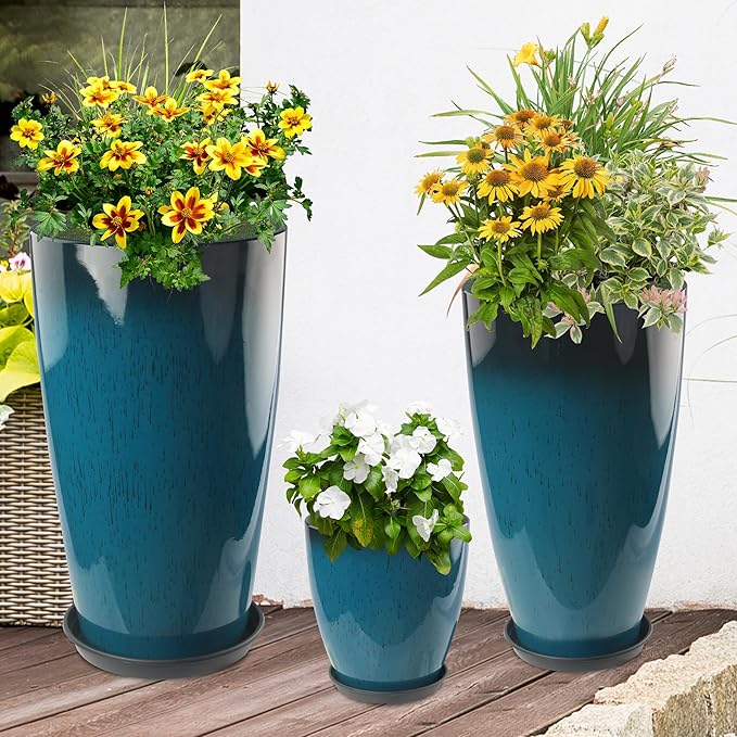 24-21-11 Inch Tall Planters Set of 3, Indoor Outdoor Blue Glossy Round Planter with Drainage Hole and Saucer, Large Decorative Plant Pots for Home Garden Porch (Blue) Goldshire