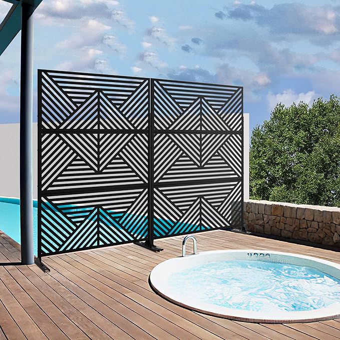 Casaphoria Metal Privacy Screen Outdoor, 72" H x 47" W Freestanding Decorative Privacy Screen for Patio Deck Balcony Garden with Stable Base, Black Zodiac Casaphoria