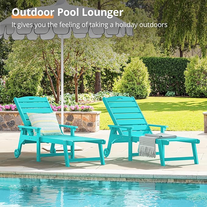 LUE BONA Outdoor Chaise Lounge Chairs Set of 4, 79'' Oversized HDPS Chaise Lounger, 5 Positions Adjustable Lounge Chairs, Pool Lounge Chair with Wheels for Poolside, 3 Year Warranty, Aruba Blue LUEBONA