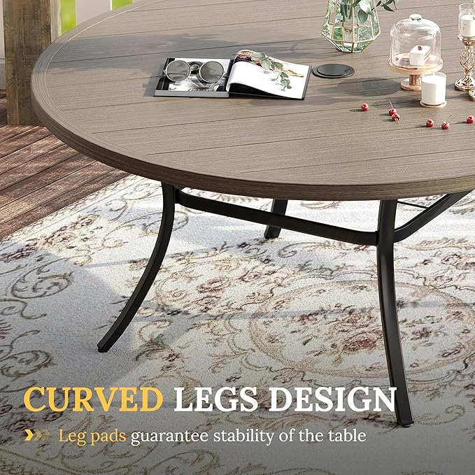 VICLLAX 63" Outdoor Round Patio Table with Umbrella Hole, All Weather Metal Round Outdoor Dining Table for Lawn Garden, 8-10 Person Table, Grey Wood Grain HOME