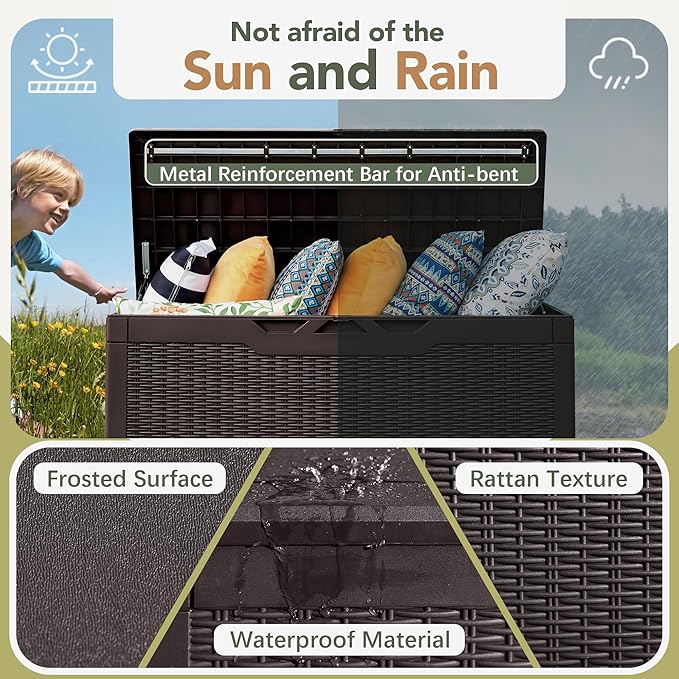 Flamaker Deck Box with Cushion 100 Gallon Waterproof Resin Storage Box with Air Rod Indoor Outdoor Lockable Storage Bench for Patio Furniture, Tools, Pool Accessories (Deep Brown) Flamaker