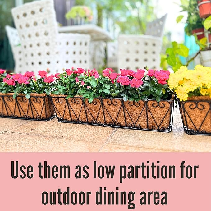 LaLaGreen Outdoor Wall Planters - 2 Pack, 30 Inch Deck Railing Hanging Pot, Over The Rail Window Flower Boxes Black Plant Basket Attach to House with Coco Liner Metal Fence Balcony Patio Porch L%C3%A1L%C3%A1Green