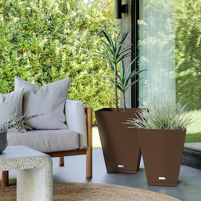 Veradek Nobleton Indoor/Outdoor Wide Square Planter (Espresso, 22 inch - 2 Pack with 2 Saucer Trays) VeradekOutdoor
