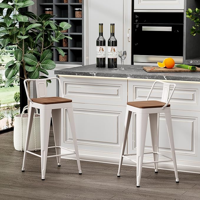 WENTMENT Metal Bar Stools Set of 2 Counter Height Barstools with Removable Back 26" Kitchen Bar Stools with Wooden Seat,Off White WENTMENT