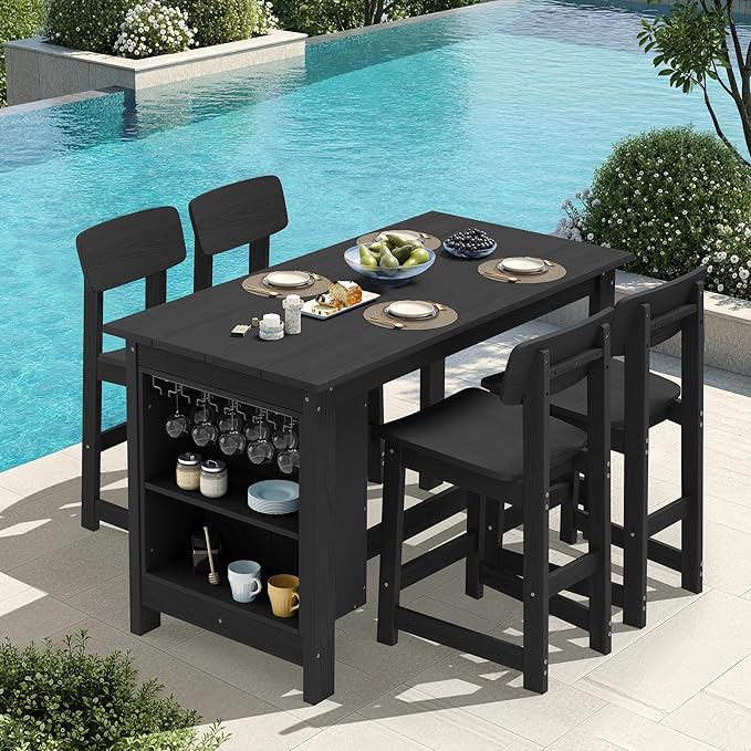 SERWALL Outdoor Bar Table and Chairs Set, 5-Piece HDPE Counter Height Patio Dining Sets with Storage and Wine Rack, Rectangular High Top Bar Table with 4 Bar Stools for Garden, Backyard, Black SERWALL