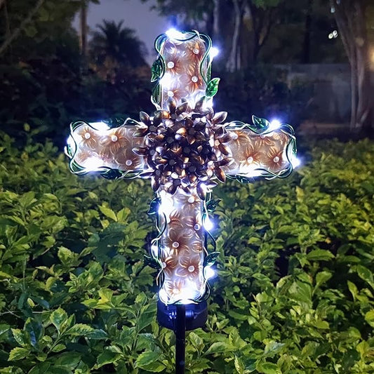 38inch Cross Garden Solar Lights Outdoor Decorative - Solar Metal&Glass Cross Apricot Hydrangea Flower Stake Lights- Waterproof 20 White LED for Remembrance Gifts & Sympathy Gifts COOZZYHOUR