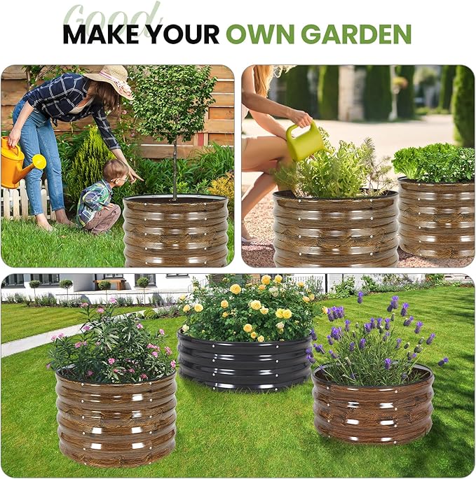 G GOOD GAIN Round Raised Garden Bed - 2x2x1.4ft Galvanized Steel Planter Boxes Outdoor with Rubber Edge Trim | Metal Raised Beds for Gardening Vegetables Flowers Fruits Herbs (Wood Grain) GGOODGAIN