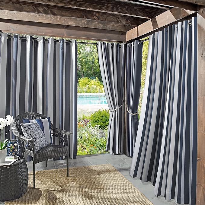 Sun Zero Valencia 2-Pack Cabana Stripe Indoor/Outdoor UV Protectant Energy Efficient Grommet Curtain Panel Pair SunZero%E2%84%A2
