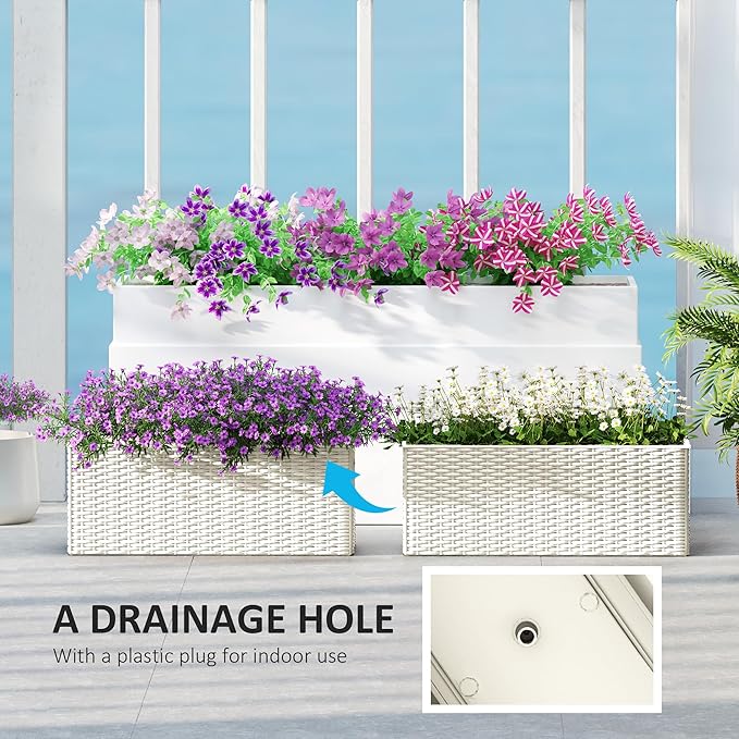 Outsunny Railing Planter Box (2 Pack, 20 Inch), Hanging Flower Pots with Hooks, Drainage Holes for Fence, Balcony, Garden, Patio, Rattan Look, White Outsunny