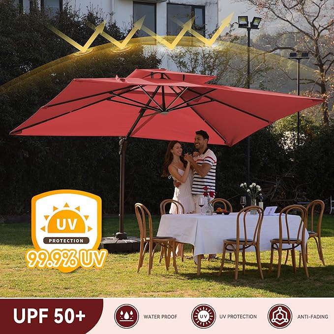 10 X 13 FT Cantilever Outdoor Patio Umbrella with Base Included with Led Lights Large 360° Rotation Double Top Offset Heavy Duty Rectangular Umbrellas for Backyard Outside Deck, Wine Red MEVBC