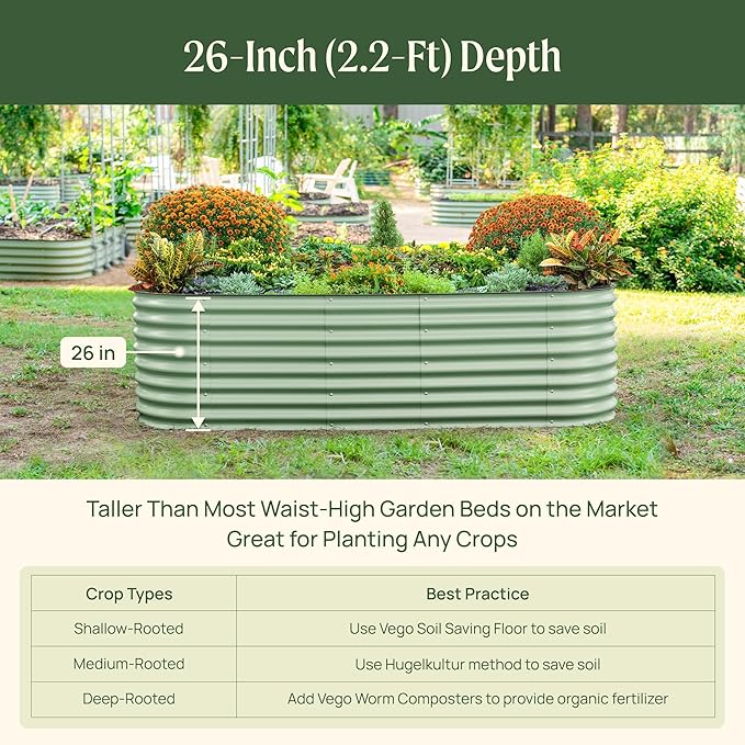 Vego garden 26" Extra Tall Raised Garden Bed Kits, 4 in 1 Modular Raised Planter Box for Vegetables Flowers Fruits Oval Metal Raised Garden-Olive Green VegoGarden
