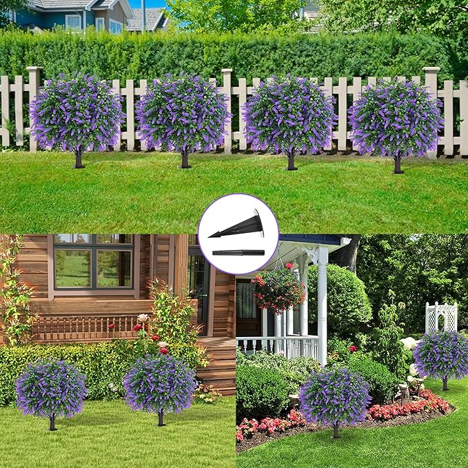 Artificial Boxwood Topiary Ball with Lavender, Set of 2 Artificial Shrub Bushes with Ground Spike, UV Resistant Fake Evergreen Plant Tree for Porch Outdoor Planters Indoor Valentine's Day FEELTHENEWWORLD
