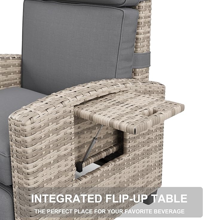 Garvee Outdoor Recliner Chair, 145° Adjustable Backrest & Footrest Lounge Chair with Removable Cushion and Flip-Up Side Table, All-Weather PE Wicker & Steel Frame for Poolside, Deck, Balcony, Khaki Garvee