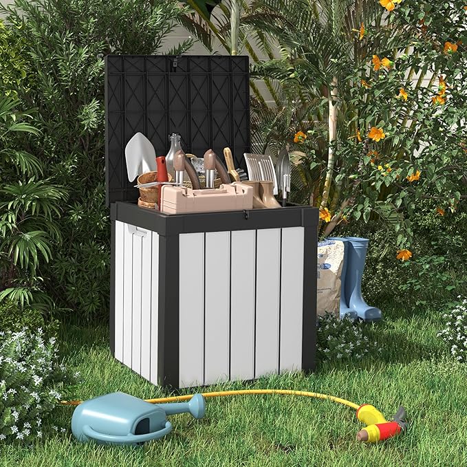 EasyUp 50 Gallon Deck Box Outdoor Storage Box for Patio Furniture,Outdoor Cushions,Garden Tools and Pool Supplies,Waterproof,Resin（Black&White） EASYUP