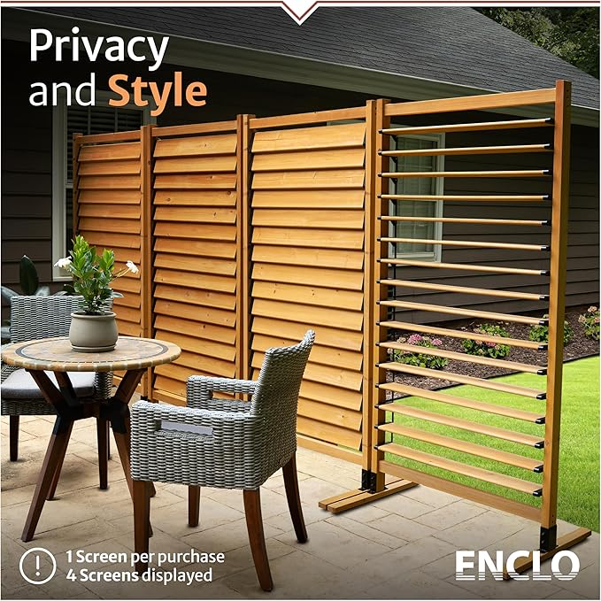 6.1ft H x 3.1ft W (1 Panel) Freestanding or Surface Mount Enclo Solara Louvered Screen, Wood Privacy Fence, Balcony Privacy Screen, Decorative Panel, Upgrade your Outdoor Patio, Porch or Deck, EC18044 Enclo
