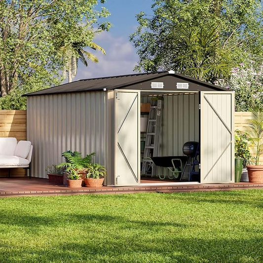 Patiowell 12 x 8 FT Outdoor Storage Shed, Steel Shed Storage House with Design of Lockable Doors, Utility and Tool Storage for Garden, Patio, Backyard, Outside use, Brown Patiowell