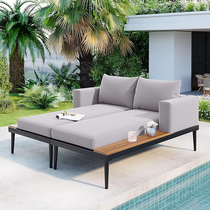 Outdoor Double Metal Daybed, with Wood Topped Side for Drinks, 2 in 1 Padded Sun Lounger with Cushions & Pillows, Patio Chaise Lounge Chair for Poolside Lawn Garden, Gray RuiSiSi