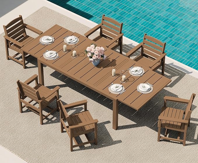 SERWALL 7-Piece Patio Dining Sets, 60" - 83" Expandable Outdoor Dining Table and 6 HDPE Chairs, All Weather HDPE Outdoor Furniture Set for Backyard, Garden, Brown SERWALL