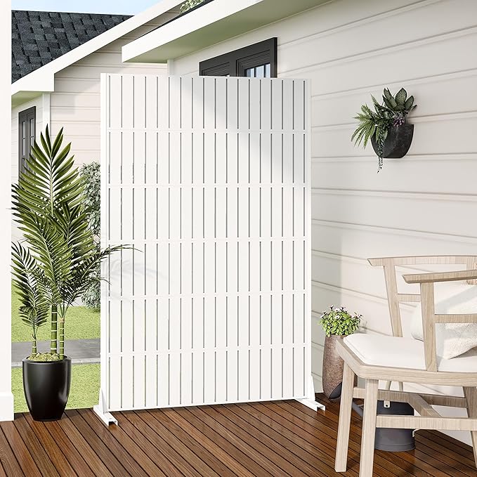 Casaphoria Metal Privacy Screen Outdoor, 72" H x 47" W Freestanding Decorative Privacy Screen for Patio Deck Balcony Garden with Stable Base, White-Fence Casaphoria