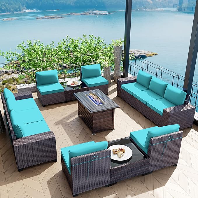 Kullavik 13 Pieces Outdoor Patio Furniture Set with 43" 55000BTU Gas Propane Fire Pit Table PE Wicker Rattan Sectional Sofa Patio Conversation Sets,Blue KULLAVIK