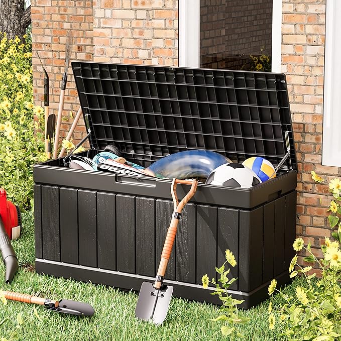 Greesum 82 Gallon Resin Deck Box All Weather Large Outdoor Storage for Patio Furniture, Toys, Garden Tools, Lockable, Black BuynowfromGreesum