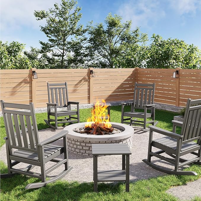 GarveeLife Poly Lumber Rocking Chair Outdoor Set of 4 with 2 Side Table - HDPE High Back Porch Rocker Chairs for Adults - All Weather Resistant Furniture for Patio - Gray GarveeLife